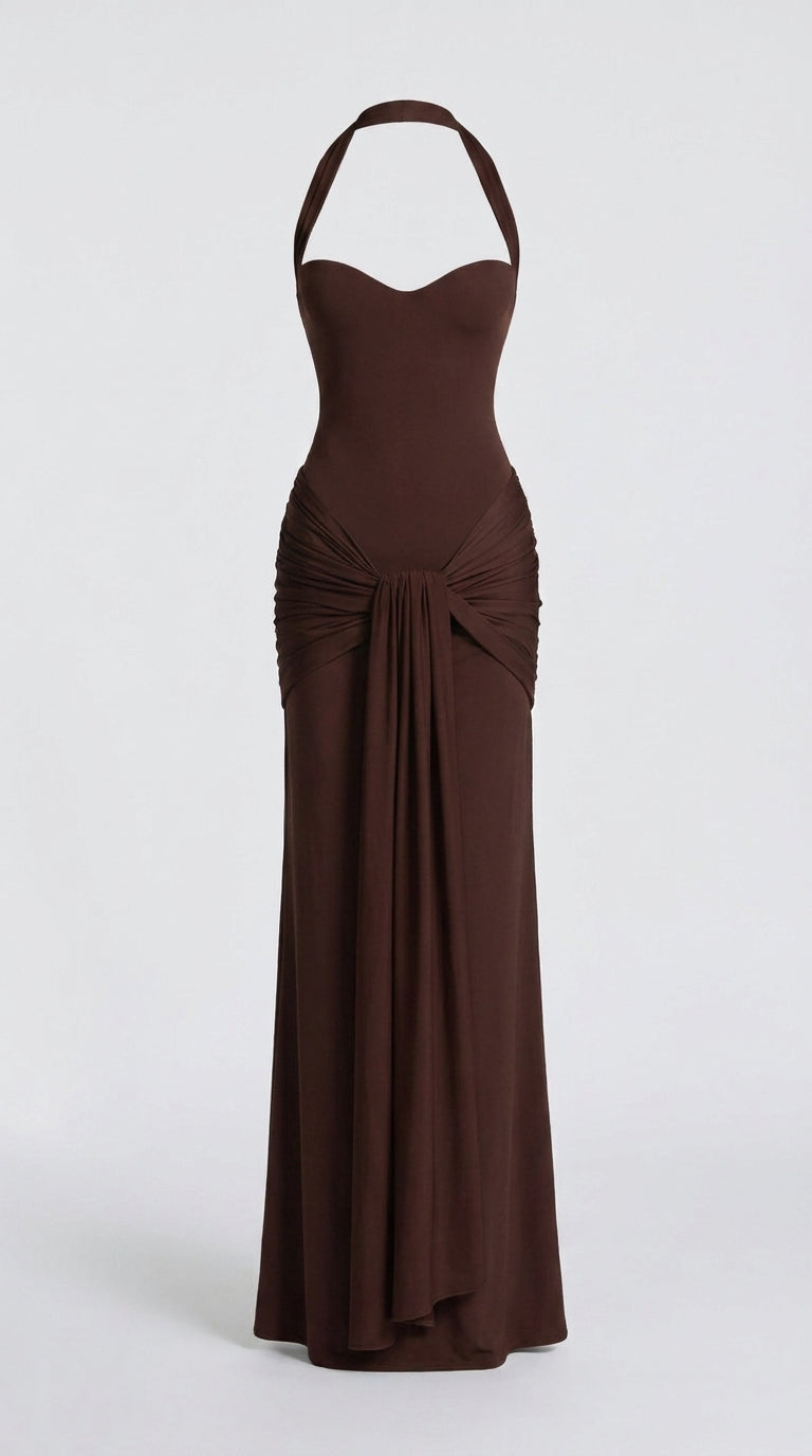 Halter Neck Ruched Slim Fit Long Dress