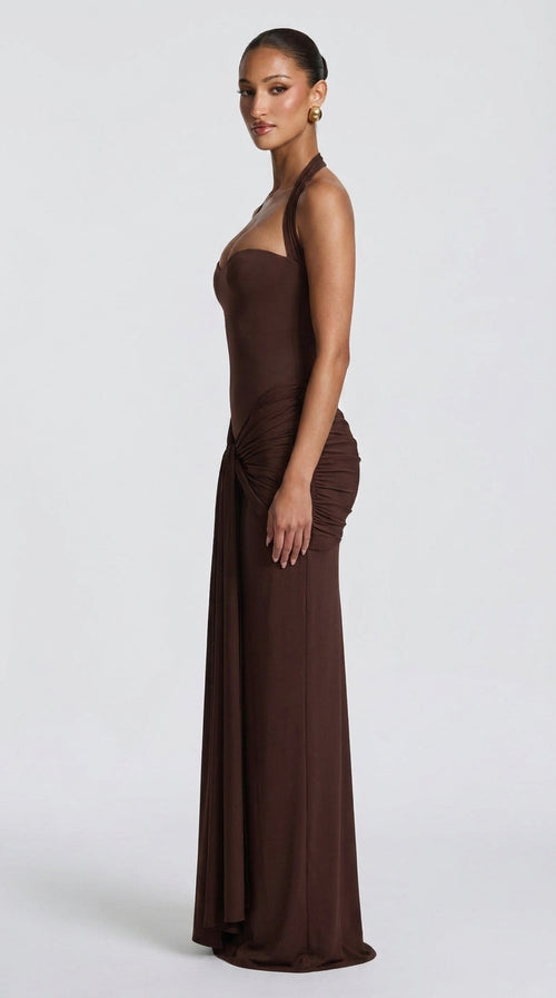 Halter Neck Ruched Slim Fit Long Dress