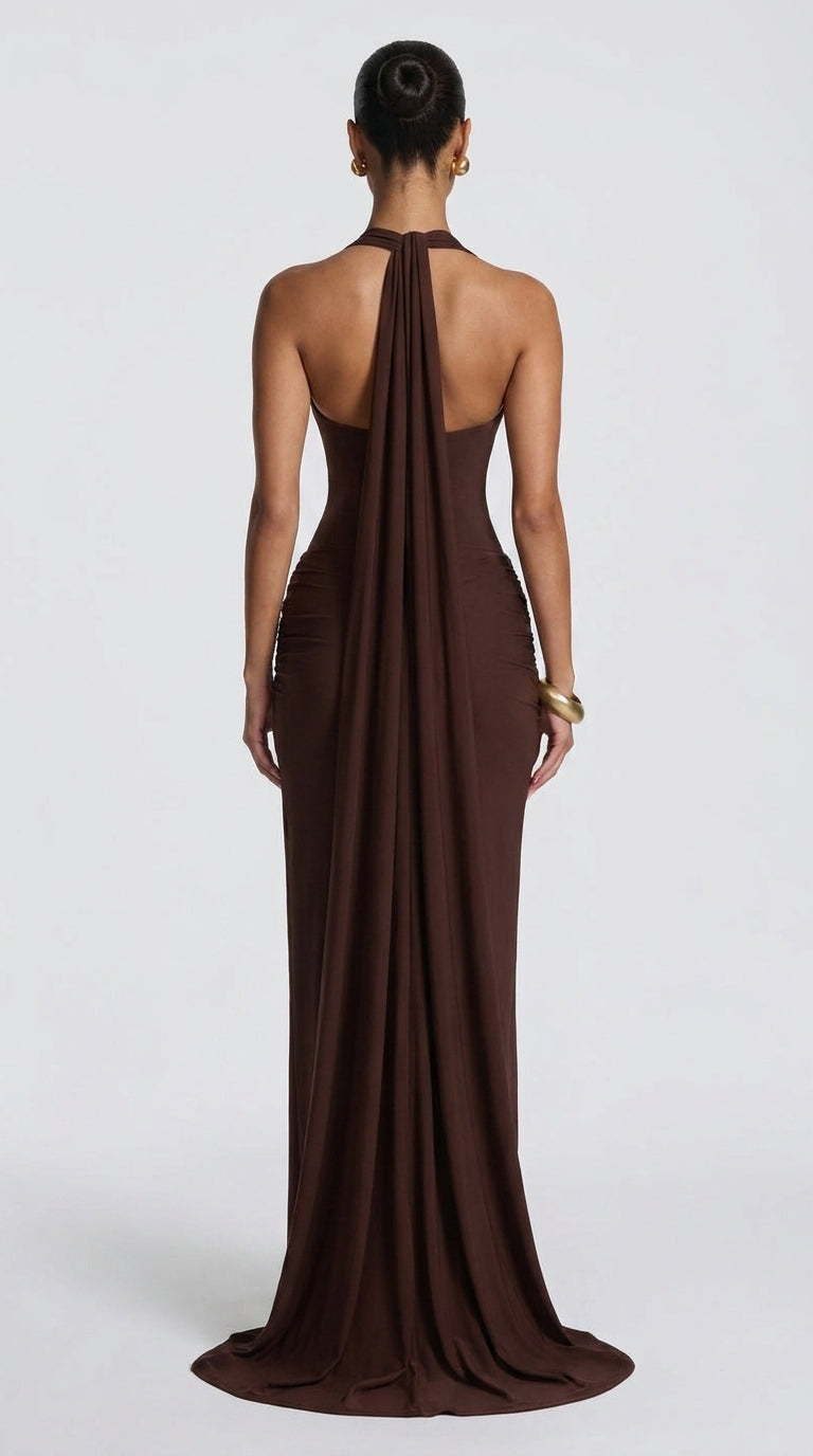 Halter Neck Ruched Slim Fit Long Dress